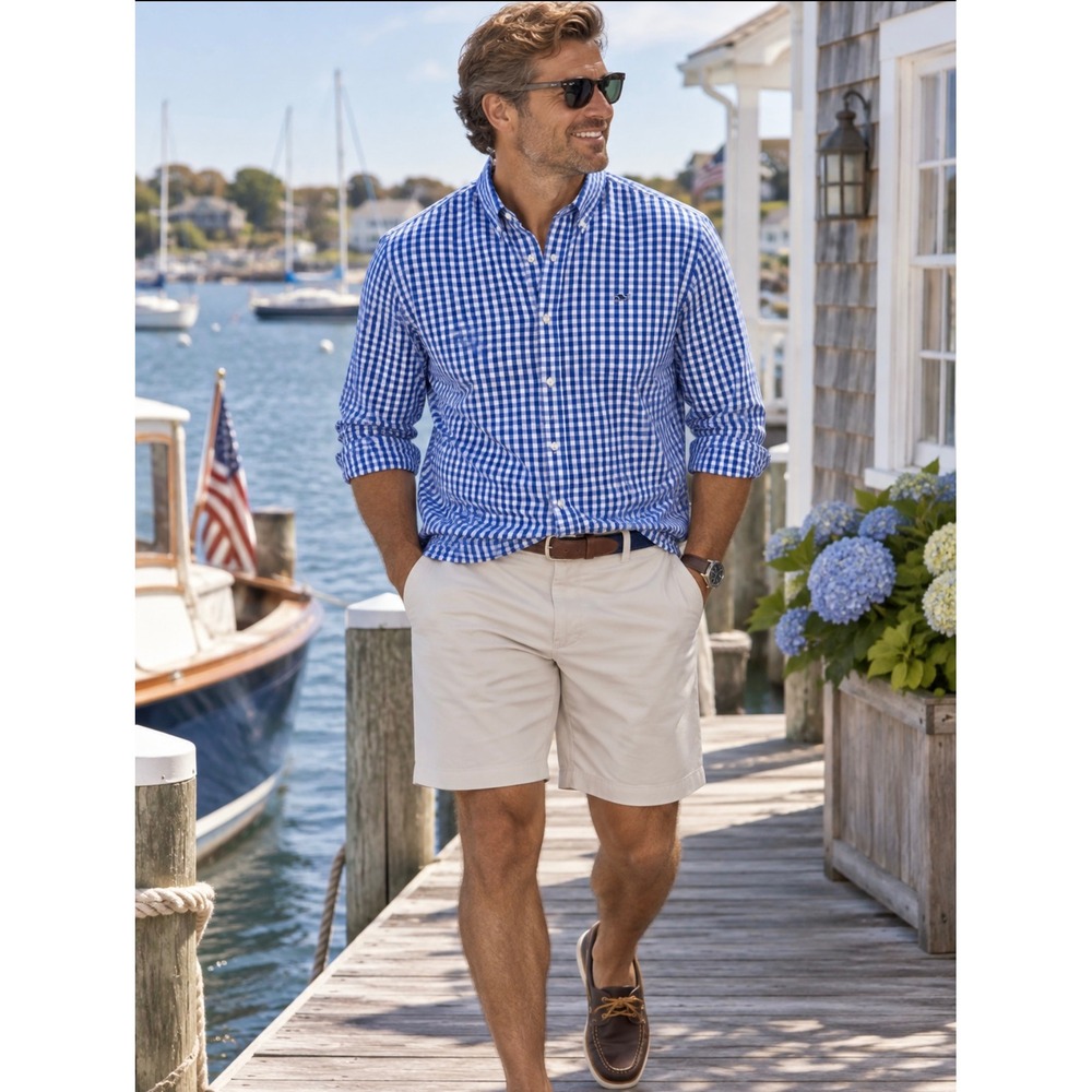 Vineyard Vines Gingham Whale Shirt Size 2XL Blue White Preppy Coastal Cotton